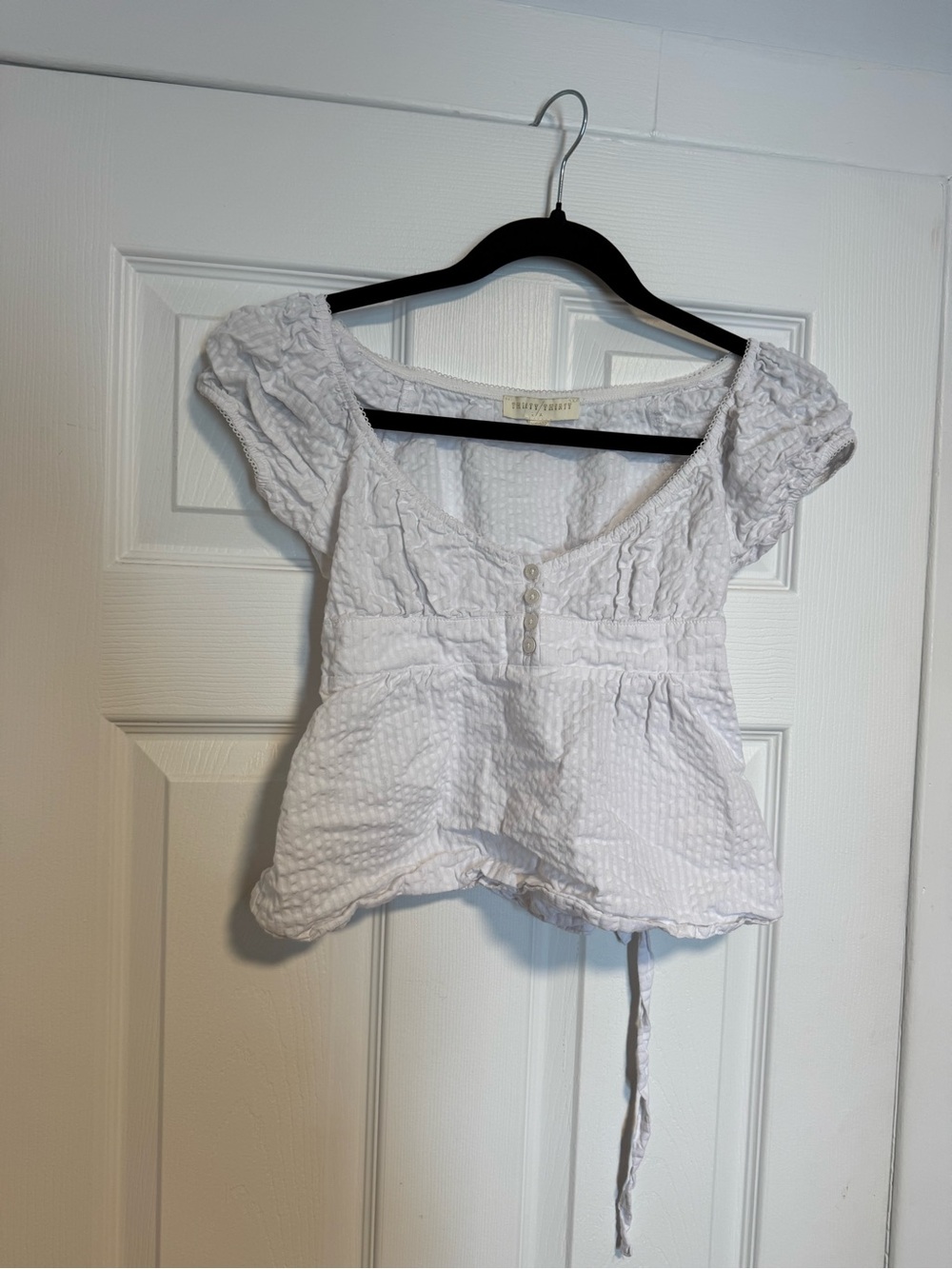 White Textured Peplum Top with Button Front - Women's